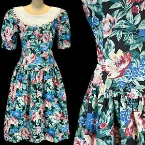 VINTAGE 80s flower garden party dress fit flare puff sleeve full skirt‎ floral